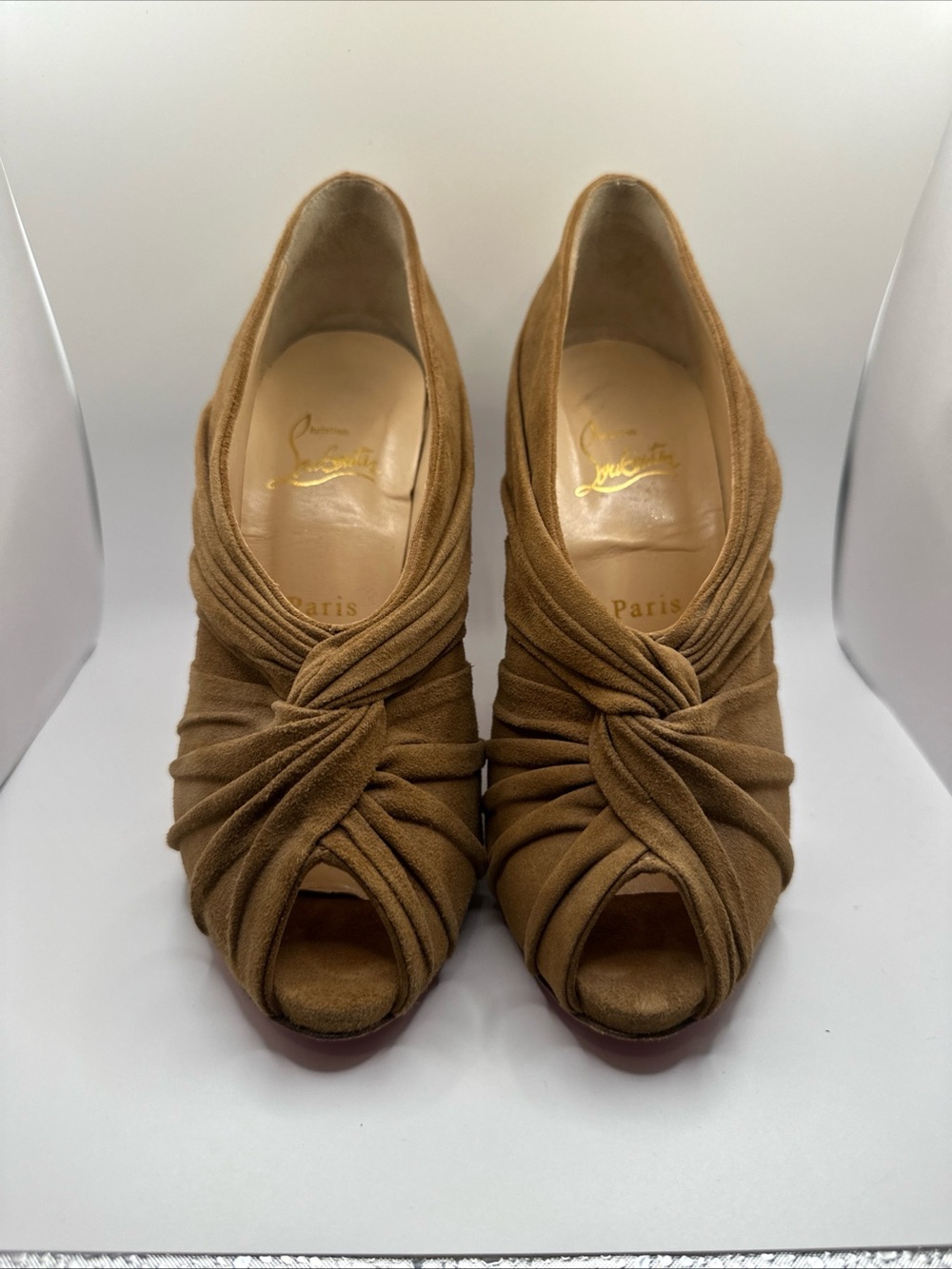 Christian Louboutin Tan Suede Knotted Peep-Toe Heels